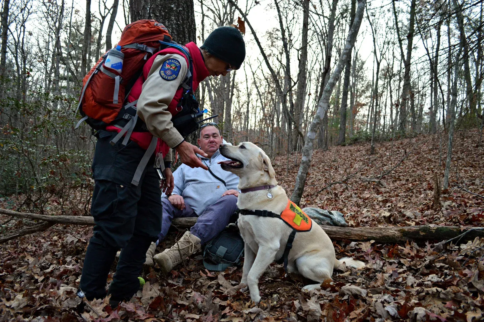 Labrador mit Kenndecke hat im Wald einen am Boden sitzenden Menschen gefunden, daneben ein Helfer mit Rucksack